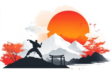 Aufkleber - A flat 2D design of a karateka practicing in front of a dojo gate, with vibrant colors and simple shapes