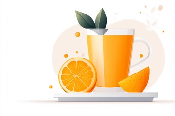 Aufkleber - A flat design of a glass of orange juice with a single slice of orange, set against a plain white background