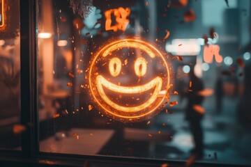 Poster - A futuristic holographic display of a glowing smiley face, surrounded by floating digital confetti in a high-tech room