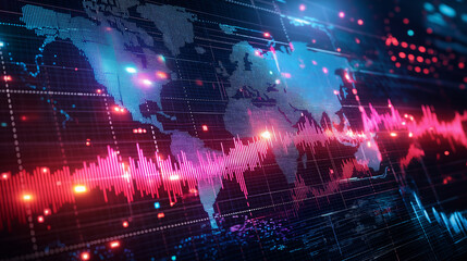 Fototapete - A dynamic financial abstract background with flowing data streams, neon accents, and a holographic effect representing global trade and innovation.