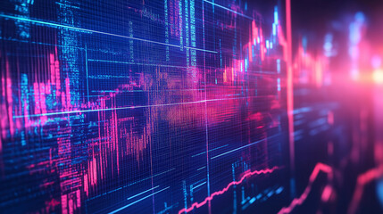 Poster - Flowing data streams and neon holographic effects create a dynamic financial background for modern business and tech presentations.
