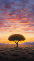 Wall Mural - single tree stands in vast desert under colorful sky