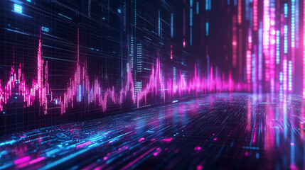 Aufkleber - Flowing data streams and neon holographic effects create a dynamic financial background for modern business and tech presentations.

