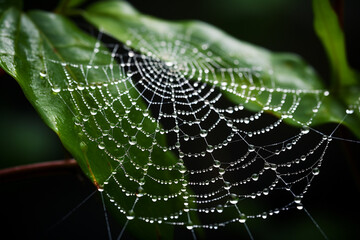 Highlights detailed craftsmanship of a spiderweb embellished with a droplet of dew, displaying delicate threads, shimmering droplet, and harmonious partnership between spider and its environment