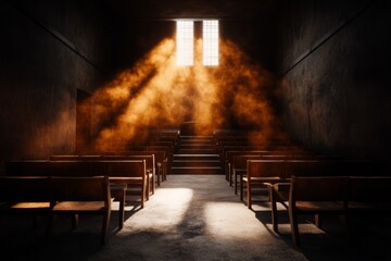 Aufkleber - A haunting image of a shadowy courtroom with a glowing scale of justice, casting an eerie light in the dark room