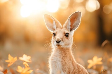 Poster - A hyper-realistic close-up of a kangaroo face, showing every detail of its fur, whiskers, and soulful eyes, with a soft-focus background
