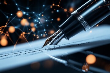 Poster - A hyper-realistic close-up of a pen signing an offer letter, capturing the intricate details of the ink and paper texture