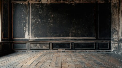 Aufkleber - A dimly lit, textured interior with dark walls and wooden flooring.