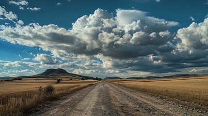 Poster - A dirt road stretches through a golden landscape under a dramatic sky filled with clouds.