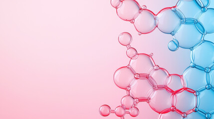 Poster - hospital medicine research concept. Molecular structures in vibrant pink and blue hues on gradient background