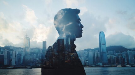 Poster - A double exposure image of a man against a city skyline, symbolizing urban life and introspection.