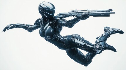 Poster - A futuristic robotic figure in a dynamic pose, holding a weapon, suggesting action and technology.