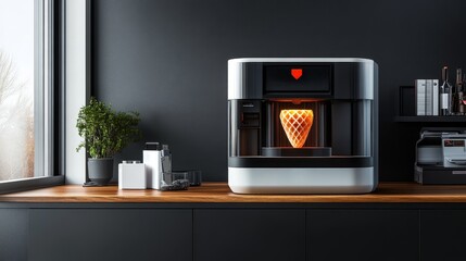 Poster - A 3D printer creating a decorative object in a modern workspace.