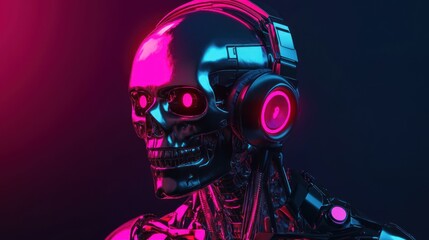 Poster - A futuristic robotic skull wearing headphones, illuminated with vibrant neon colors.