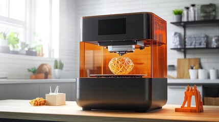 Poster - A 3D printer creating a heart-shaped object in a modern kitchen setting.