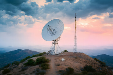 giant satellite antenna telecommunications band c, in top of the mountain hill