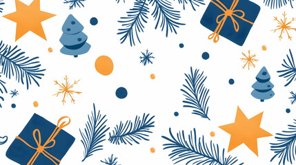 Festive Blue & Orange Christmas Pattern Gifts, Trees, & Snowflakes; Holiday Background for Cards, Websites.