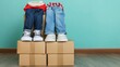 © peacehunter - Creative Setup of Children’s Clothing for a Garage Sale Against a Colorful Background