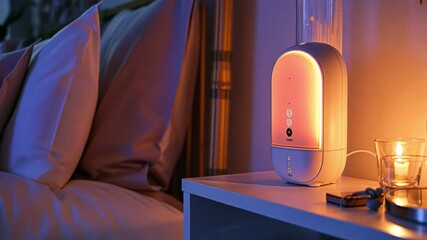 Poster - This calming aromatic diffuser glows softly next to a cozy bed, creating a serene spa like environment.