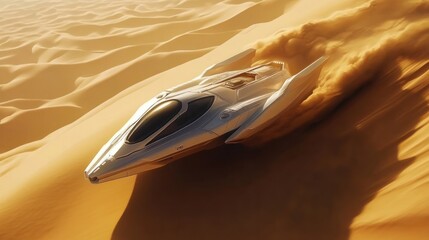 Aufkleber - A futuristic spacecraft glides over sandy dunes, creating a trail of dust in a desert landscape.