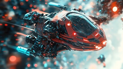 Poster - A futuristic spacecraft navigating through a vibrant cosmic environment.