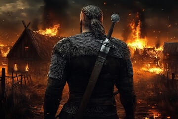 A Viking warrior stands tall with a burning village in the background.