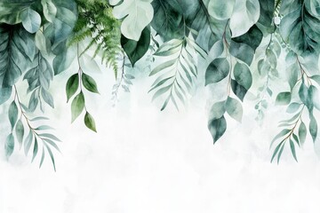 Poster - A simple and colorful drawing of a jungle canopy with layers of green leaves and abstract wildlife shapes, set on a white background