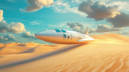 Aufkleber - A futuristic vehicle glides over sandy dunes under a bright sky.