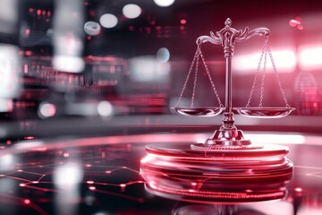 Aufkleber - A vibrant 3D-rendered scale of justice with glowing edges, placed in a futuristic courtroom setting