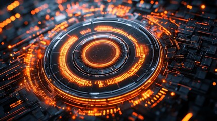 Poster - Abstract digital design featuring glowing orange circular patterns and intricate circuitry.