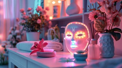 Poster - This Brightly lit spa setting features skincare tools and calming decor, perfect for relaxation.