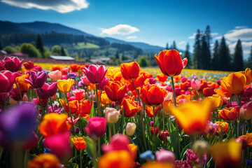 A picturesque countryside landscape showcasing harmonious blend of vibrant tulip fields and traditional windmills, reflecting cultural richness of scene