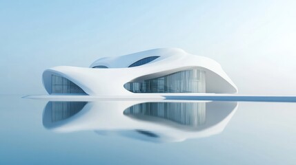 Poster - A futuristic, organic-shaped building reflecting in calm water, showcasing modern architecture.