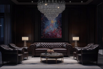 Wall Mural - Photorealistic, dark luxury living room with dark walls and black wood paneling, leather sofa, armchairs, crystal chandelier.