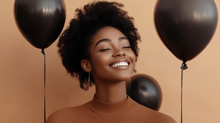 Wall Mural - A joyful woman smiles brightly while holding black balloons, dressed in a stylish black turtleneck sweater, radiating elegance and cheerfulness.