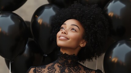 Wall Mural - A joyful woman smiles brightly while holding black balloons, dressed in a stylish black turtleneck sweater, radiating elegance and cheerfulness.