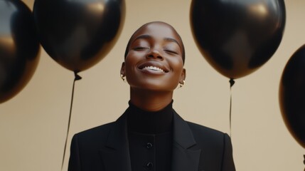 Wall Mural - A joyful woman smiles brightly while holding black balloons, dressed in a stylish black turtleneck sweater, radiating elegance and cheerfulness.