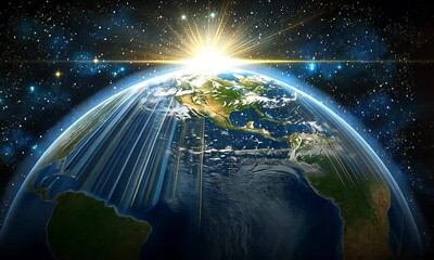 Wall Mural - A stunning view of Earth from space, illuminated by a radiant sun against a starry backdrop.