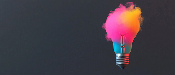 Wall Mural - Creative concept light bulb explodes with colorful water colors on a light blue background. Think different, creative idea. Productivity and creativity
