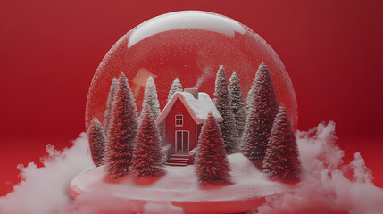 render of a snowglobe with cone trees, house, snow on red background for christmas, snowglobe, rende