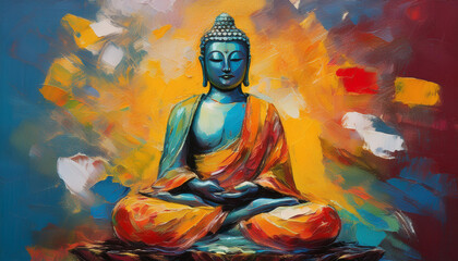 Wall Mural - Oil painting of colorful buddha statue. Spiritual leader. Palette knife technique. Hand drawn art.