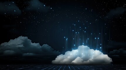 Fototapete - Glowing binary code descends from an abstract cloud against a dark blue backdrop, illustrating the concept of digital information transfer