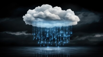 Fototapete - Glowing binary code descends from an abstract cloud against a dark blue backdrop, illustrating the concept of digital information transfer
