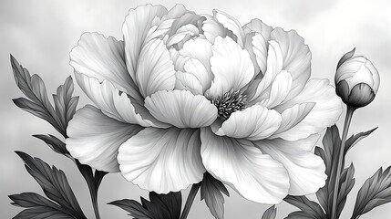 Canvas Print - Monochrome illustration of a blooming peony flower with bud and leaves.