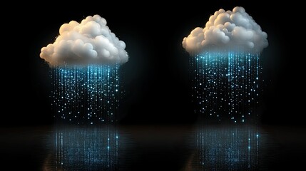 Fototapete - Glowing binary code descends from an abstract cloud against a dark blue backdrop, illustrating the concept of digital information transfer