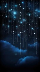 Fototapete - Glowing binary code descends from an abstract cloud against a dark blue backdrop, illustrating the concept of digital information transfer