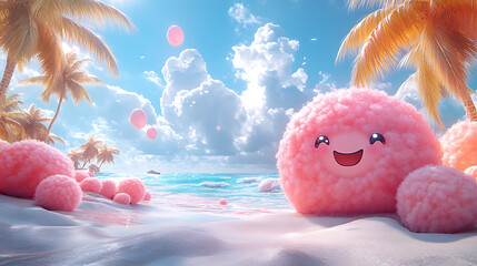 Wall Mural - Happy pink fluffy characters on a tropical beach.