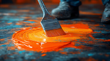 Poster - Close-up of artist's foot and brush mixing orange paint on floor.