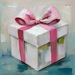 Oil painting of white gift box with pink bow. Holiday present. Palette knife technique. Hand drawn