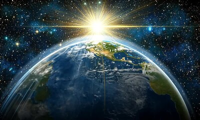 Wall Mural - A vibrant depiction of Earth in space, illuminated by a radiant sun against a starry backdrop.